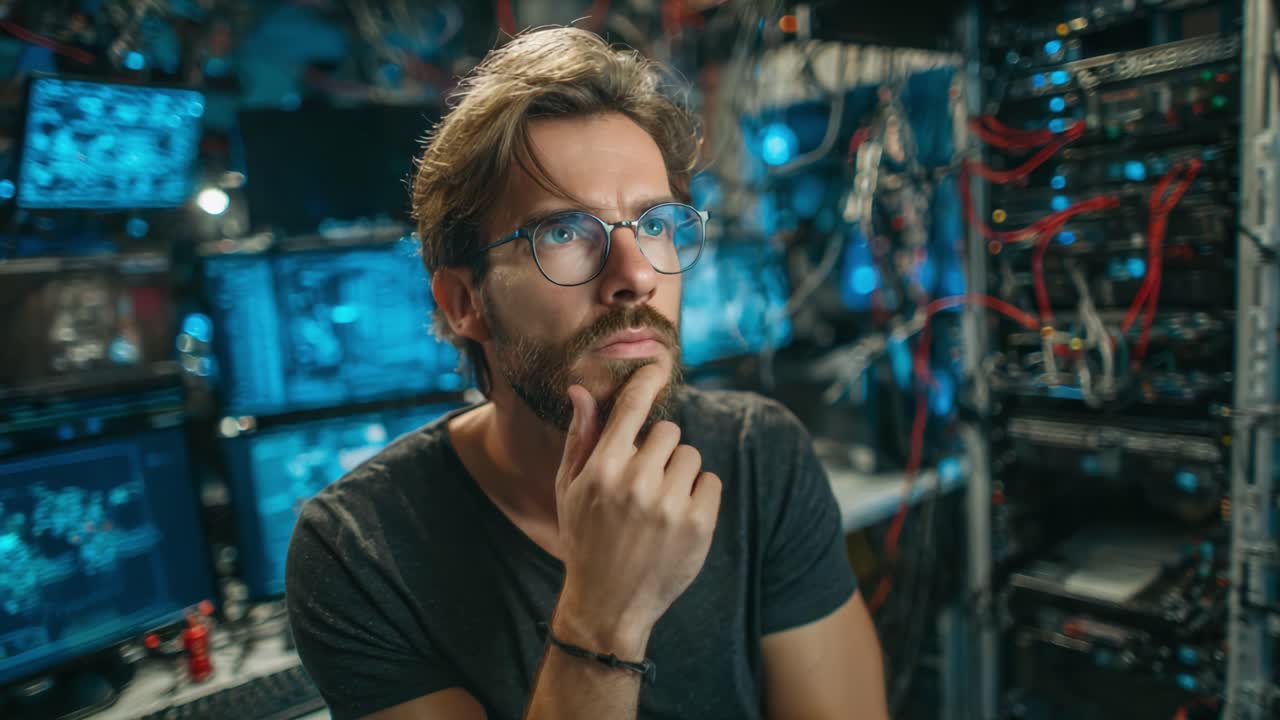 A Thoughtful Individual in a High-Tech Environment Contemplating Data Analysis Amidst Network Servers and Monitors in a Modern Workspace