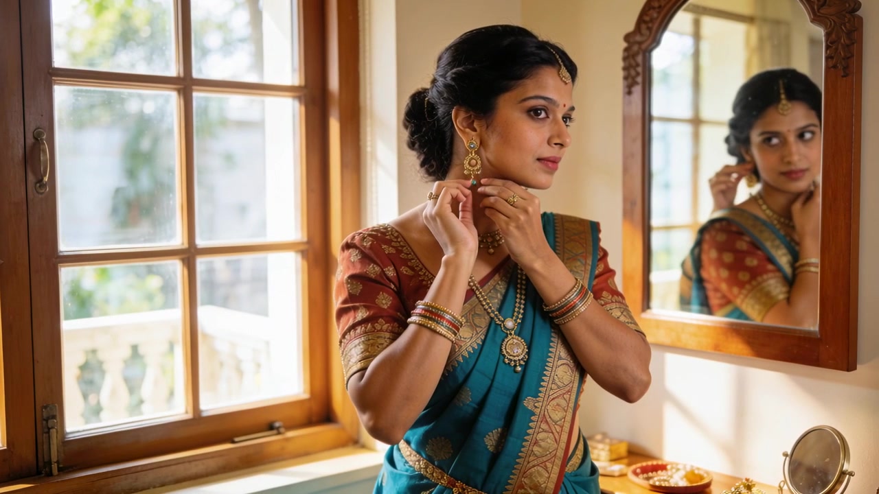 Donna indiana in sari che solleva un orecchino d'oro, sistemando un ciondolo alla toeletta vicino alla finestra, preparandosi per un evento.