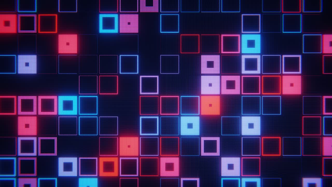 Abstract Digital Grid with Flashing Neon Squares Background