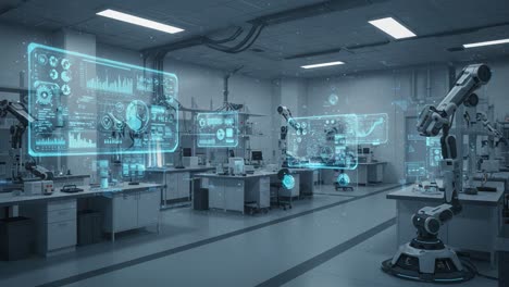 Advanced Robotics Laboratory: A High-Tech Environment Showcasing Automation, Data Visualization, and Innovative Technology in a Cutting-Edge Research Facility