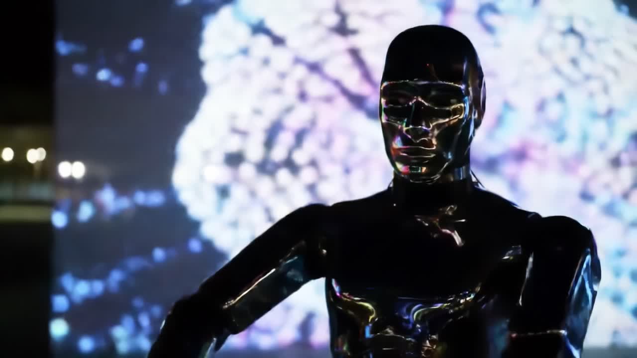 A sleek robotic figure stands confidently in an urban environment, illuminated by a colorful digital display. The fusion of technology and art captivates onlookers, creating an engaging atmosphere.