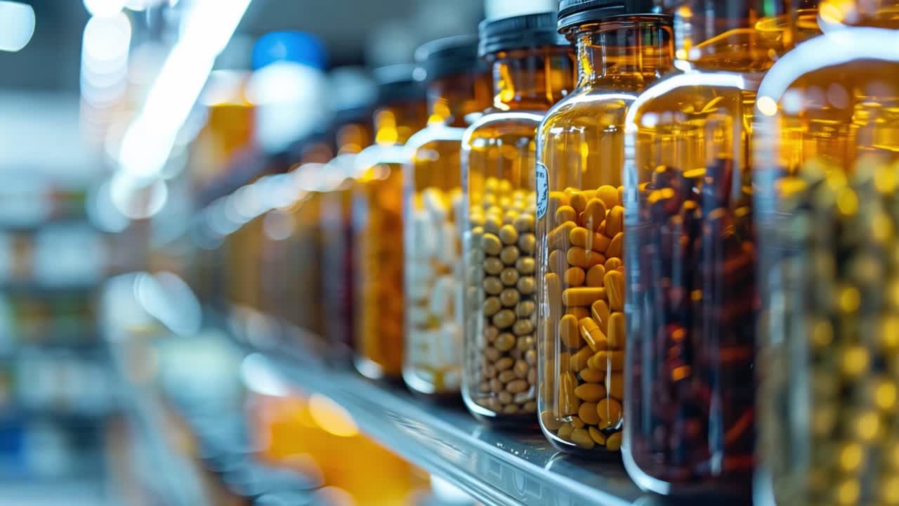 Bottles of medicine and vitamins on pharmacy shelves