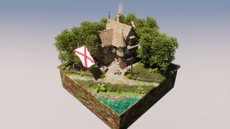 Floating-island,-floating-cut-land-with-medieval-building,-flags,-trees,-grass,-a-small-pond-with-fish,-and-a-horse-resting,-3D-animation,-animated-scenery