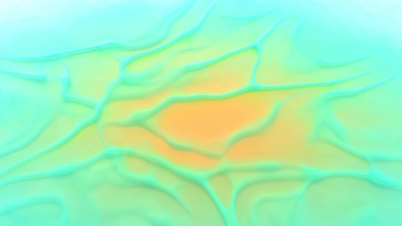 Panoramic close-up of abstract surface with smooth organic ridges, shallow hollows, and vein-like pattern spreading from warm radiant center into soft pastel edges, with abstract, aqua, mint, green