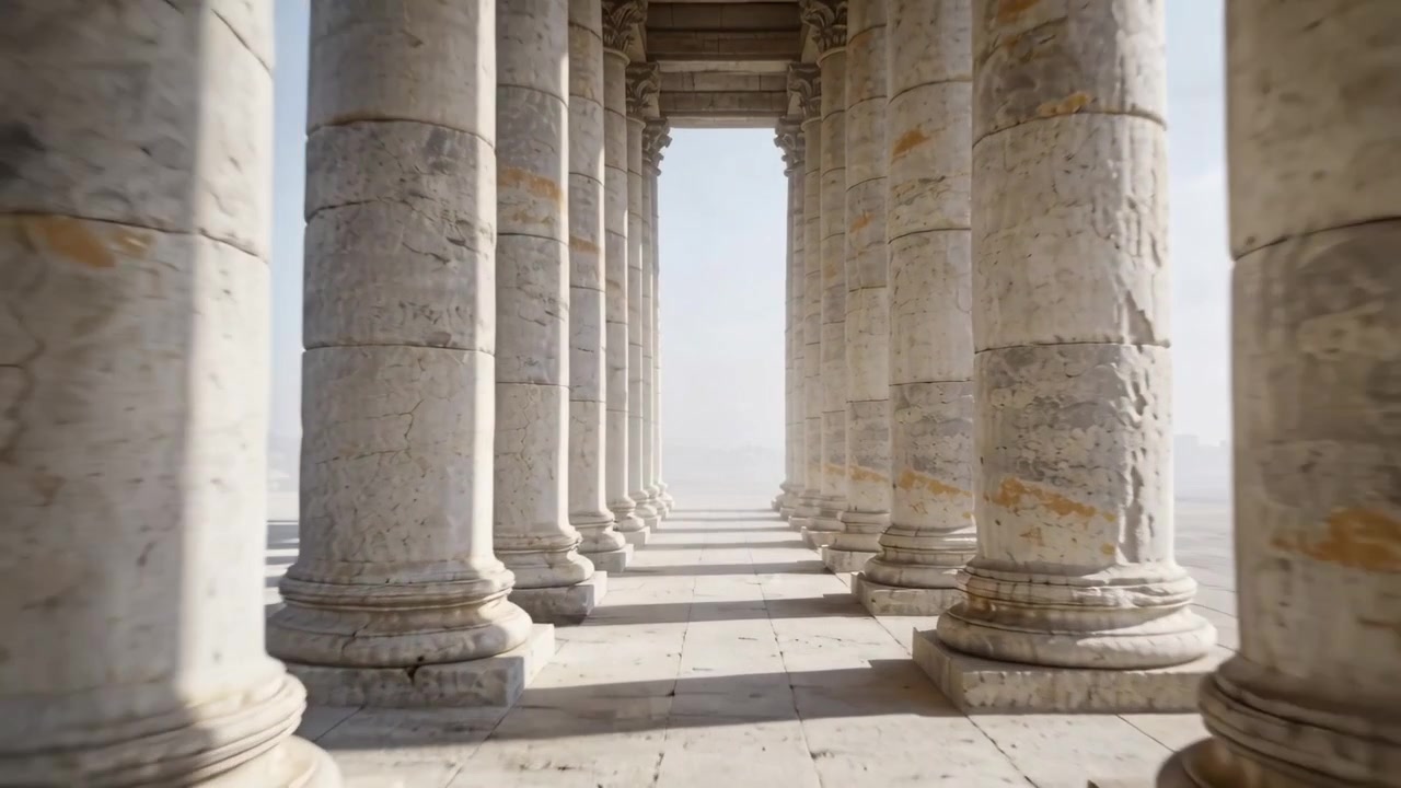 Una telecamera scorrevole avanza lungo un colonnato su una terrazza, rivelando colonne di marmo e un portale luminoso.