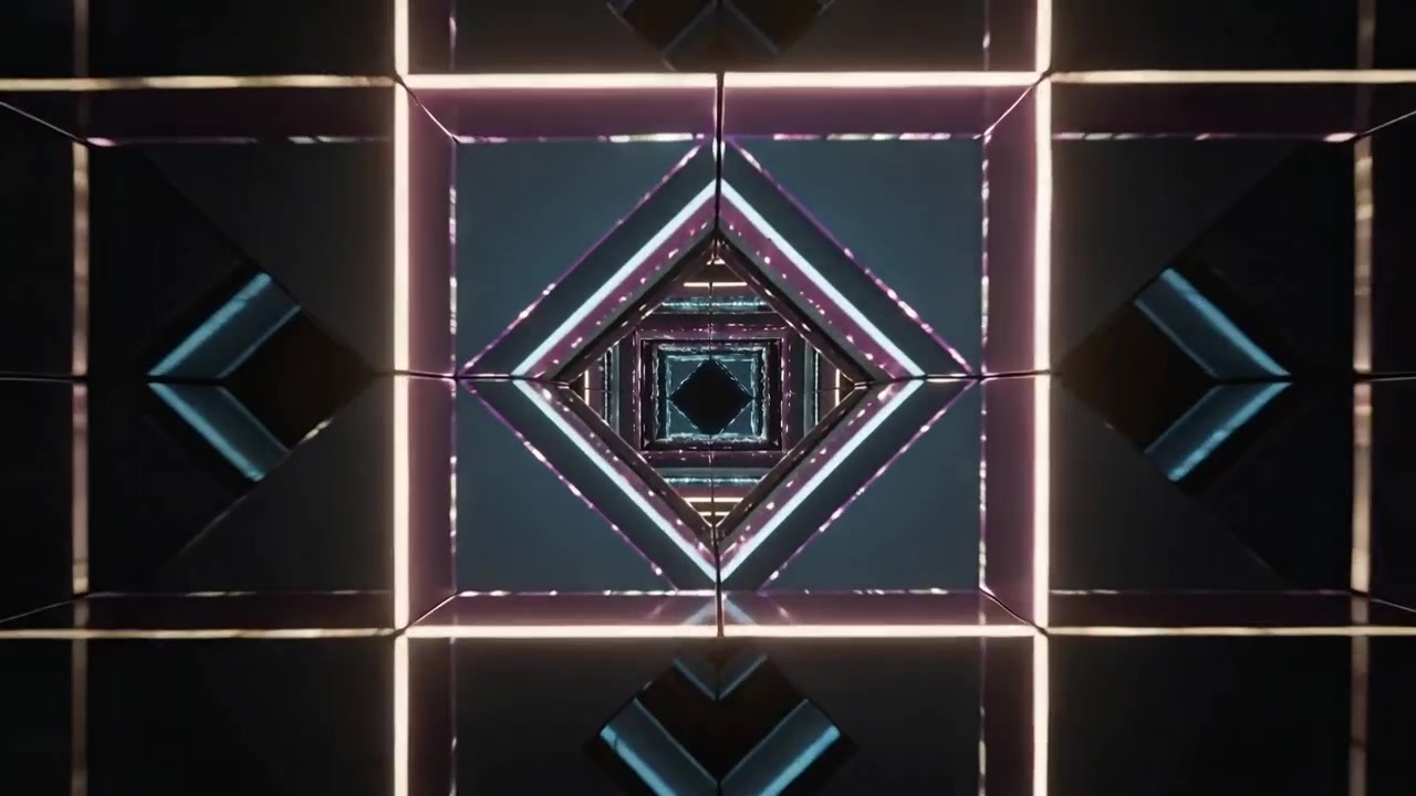 Starting, lit square frames tunnel moving inward rotating in mirror room with light bars for depth