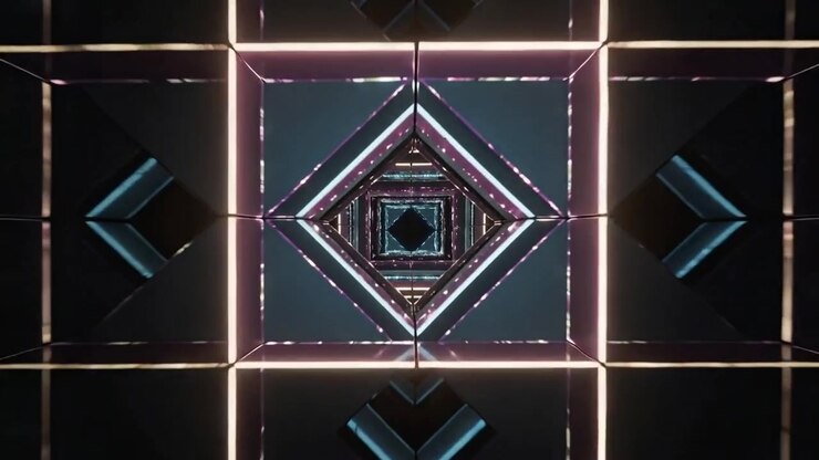 Starting, lit square frames tunnel moving inward rotating in mirror room with light bars for depth