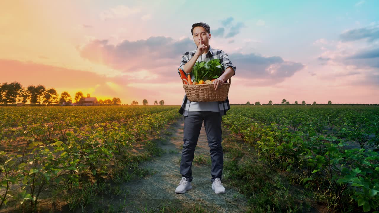 야채 바구니를 가진 아시아 남성 농부의 몸이 가득 차 있습니다. 에서 침의 몸짓을 보여줍니다.