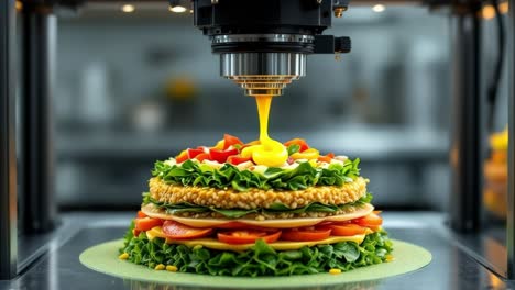 3d food printer is producing a colorful layered salad with fresh vegetables, showcasing vibrant greens, reds, and yellows, in a modern kitchen environment, highlighting innovative food technology