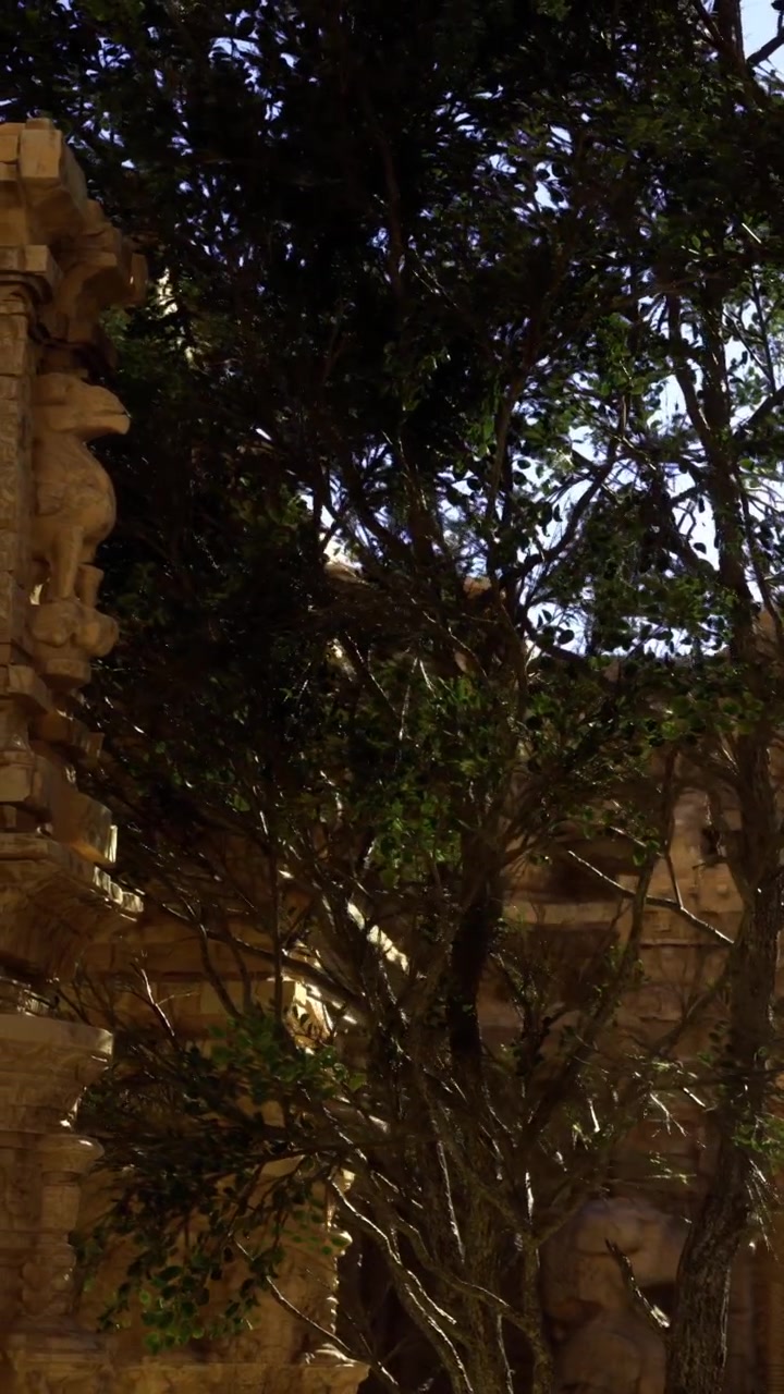 Natura e architettura in pietra si fondono in un luogo antico durante il giorno.