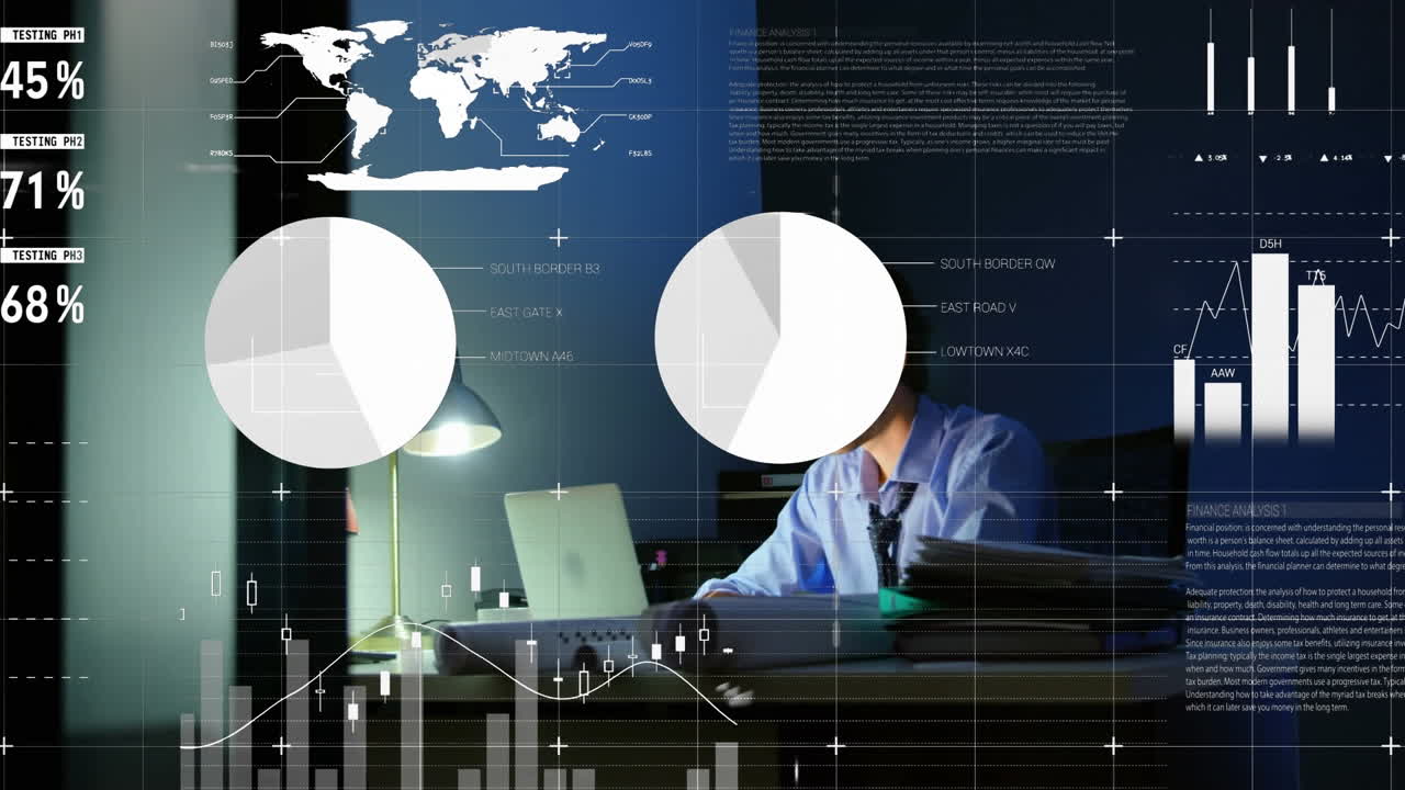 animación de estadísticas y procesamiento de datos sobre un empresario que usa una computadora portátil