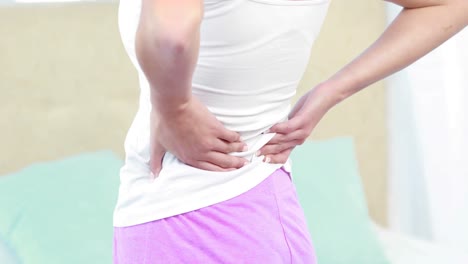 허리 통증 을  ⁇ 고 있는 여자 의 뒤쪽 모습