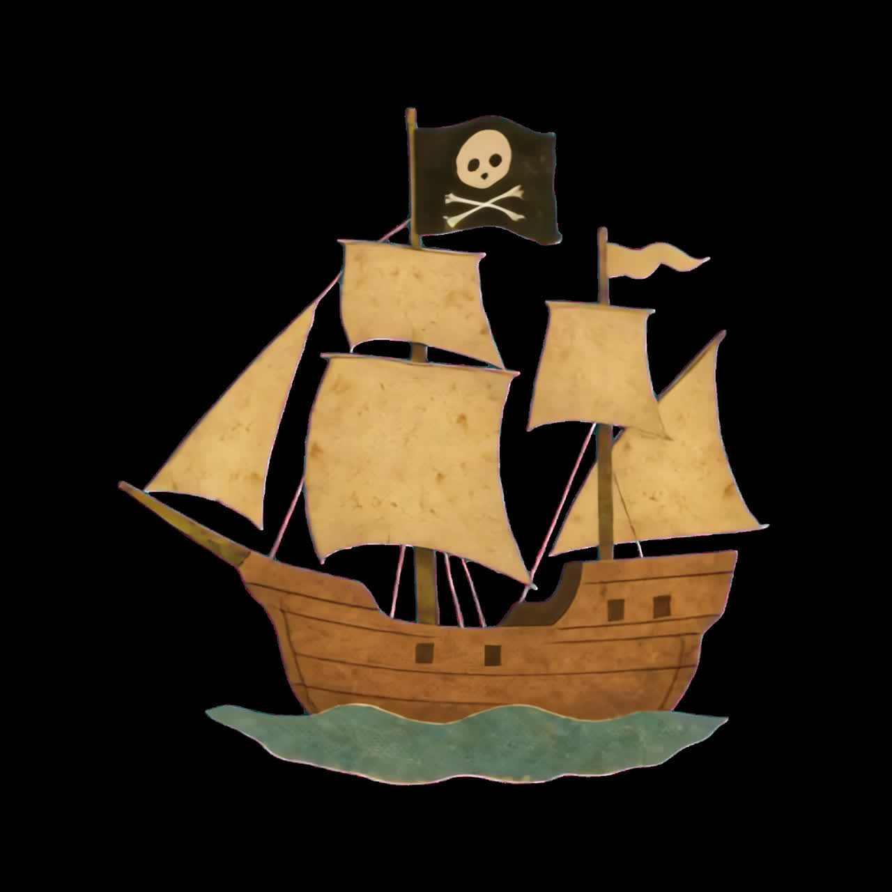 Vintage pirate ship illustration animation isolated asset, transparent 4K video, alpha channel