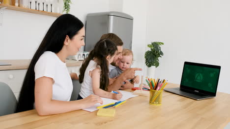 padres felices sentados en la mesa de la cocina jugando con sus dos hijos mientras hacen una videollamada en una laptop moderna con pantalla verde