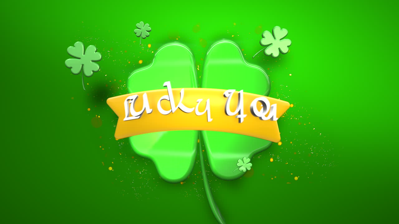 애니메이션 근접 촬영 lucky you 텍스트 및 모션 큰 녹색 토끼풀 성 패트릭 데이 빛나는 배경 3
