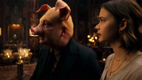 pig-headed man and young woman in a gothic interior