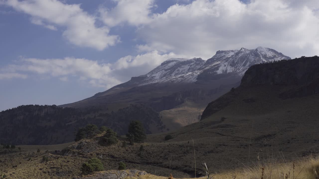 iztaccihuatl volcano covered by snow, with a dramatic sky
