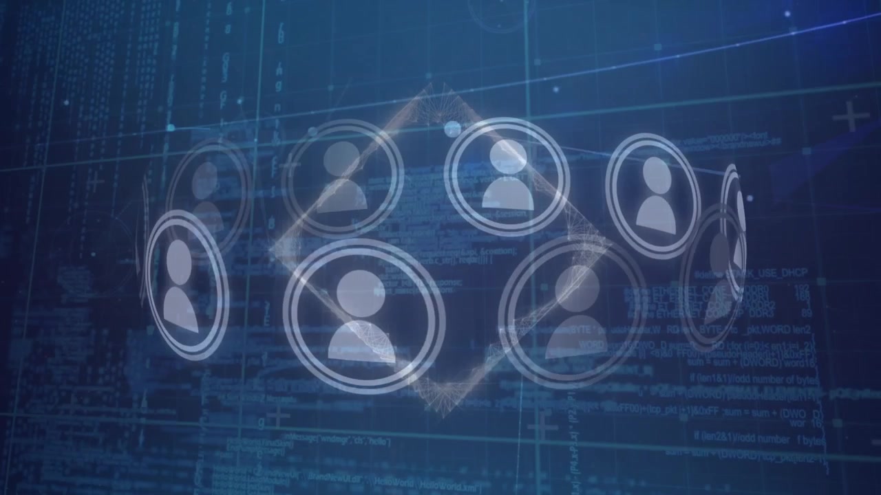 Animation of network of connections with people icons over data processing and grid