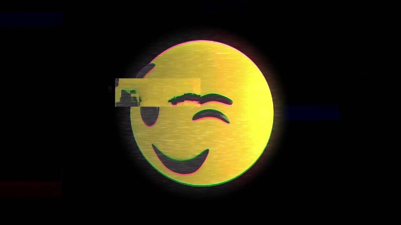 Siyah zemin üzerinde göz kırpan yüz emojisi üzerinde aksaklık efekti olan dijital animasyon