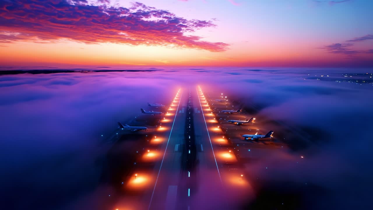Breathtaking Overhead View of an Airport Runway at Dawn with Aircrafts Illuminated by Stunning Twilight Colors and Surrounded by a Mystical Layer of Fog