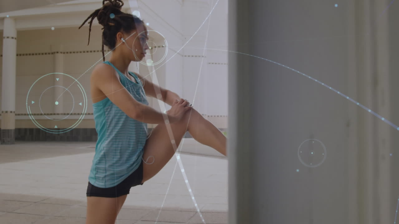 Animação de rede de conexões sobre mulher em forma se exercitando