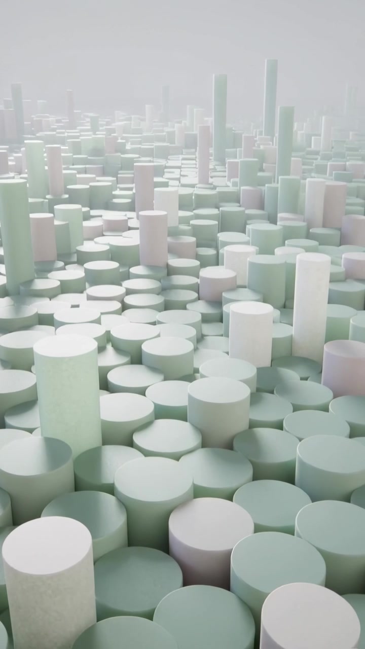Vertical video: Moving camera gliding over mint pink cylinder field, revealing tall pillars, haze