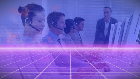 animation of light and lines over business people wearing headsets