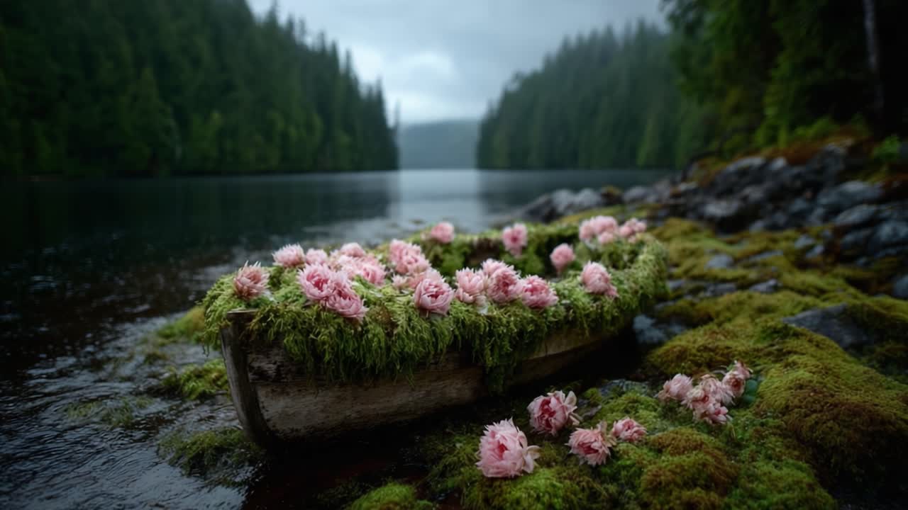A Serene Scene of a Weathered Boat Adorned with Lush Green Moss and Delicate Pink Flowers, Nestled by a Tranquil Lake Surrounded by Majestic Evergreen Trees