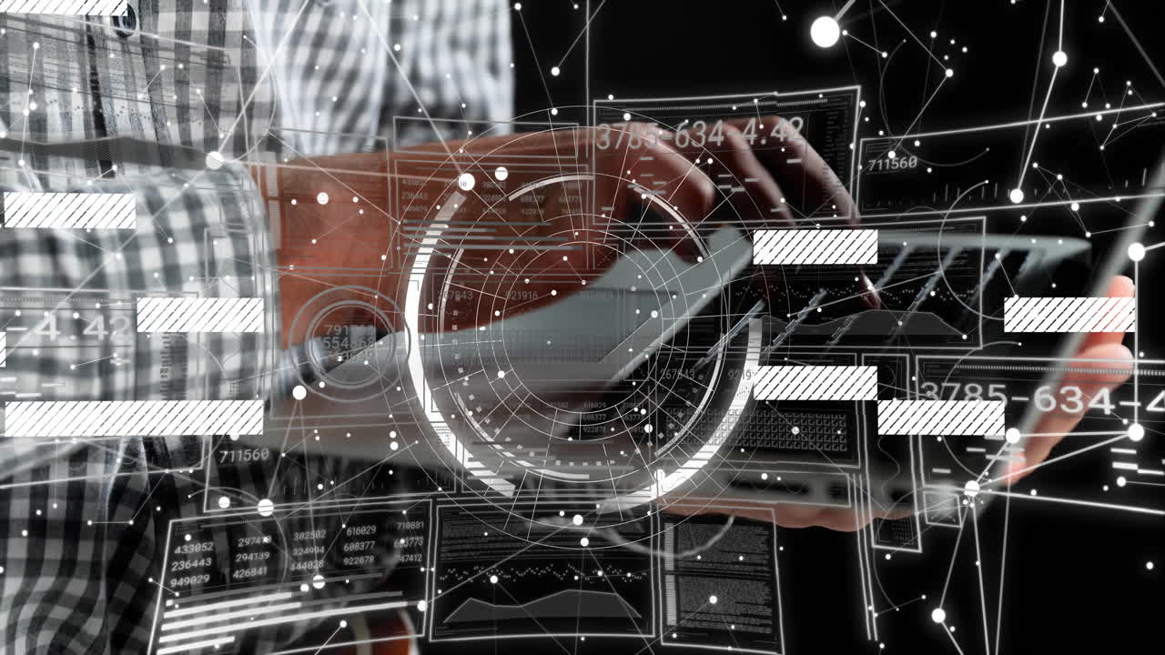 Typing on laptop, hands interacting with digital data and network animation