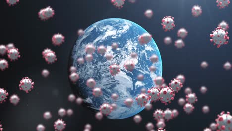 animación de células de covid 19 flotando sobre el planeta tierra
