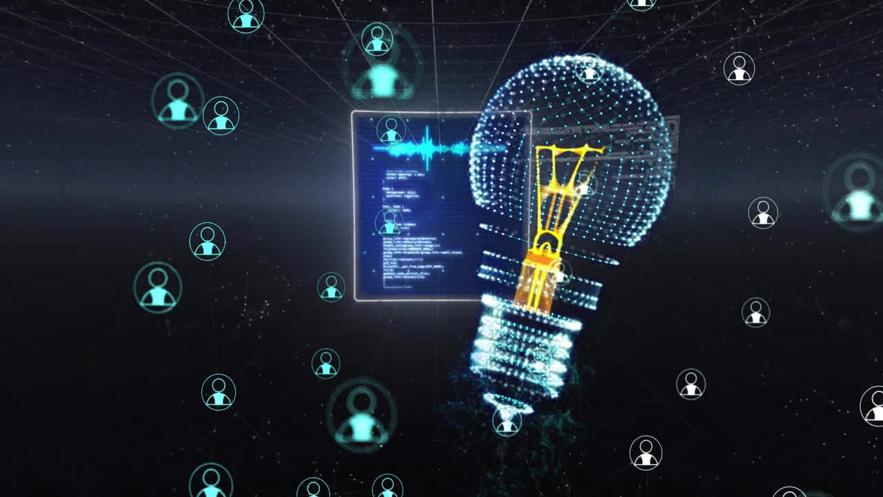 디지털 전구 및 미디어 아이콘을 화면 위에 애니메이션화하고 데이터 처리