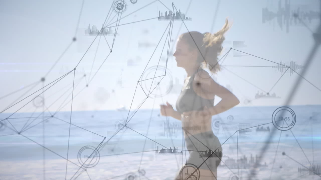 연결 네트워크의 애니메이션과 데이터 처리가 여성이 달리고 있습니다.