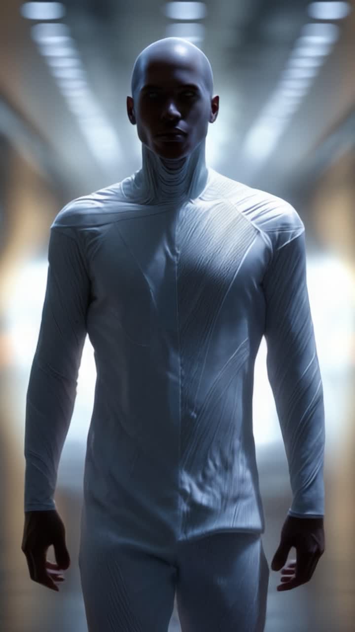 Figura umanoide futuristica in abiti eleganti e riflettenti che naviga in un corridoio high-tech, emanando un'aura di mistero e tecnologia avanzata.