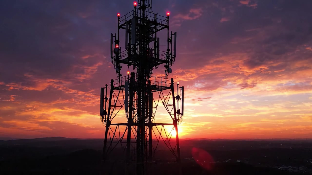 Pôr do Sol Dramático Atrás de uma Torre de Comunicação: A Deslumbrante Transição de Cores e Texturas no Céu Noturno Capturada em Dois Quadros