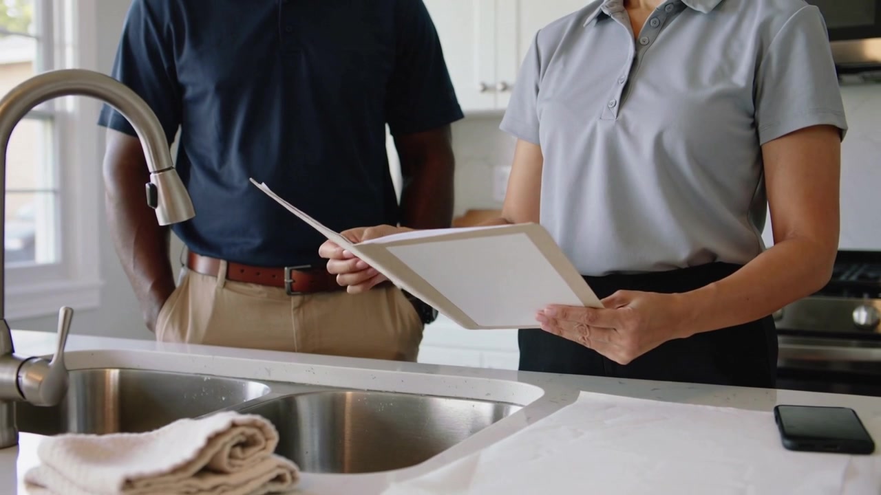 Profesional femenina con polo volteando un portapapeles, revisando documentos con un cliente en la encimera de la cocina, alisando papeles.