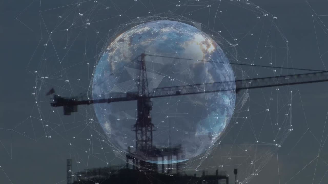 Animation of globe with connections over construction site
