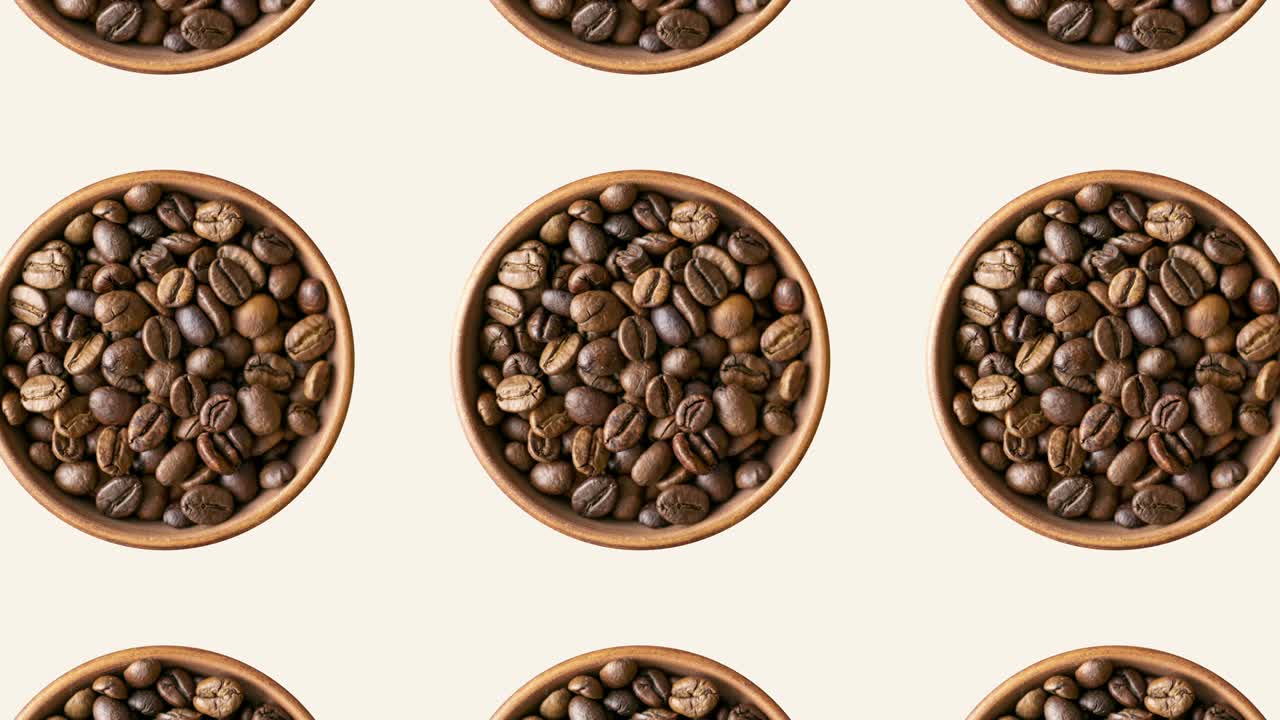 Beige background with roasted coffee beans in bowls. Seamless food animation concept background