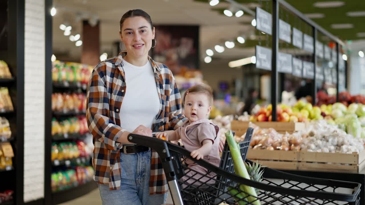 슈퍼마켓에서 쇼핑하는 동안 작은 아기 딸과 함께 플레이드 셔츠를 입은 행복한 갈색 소녀의 초상화