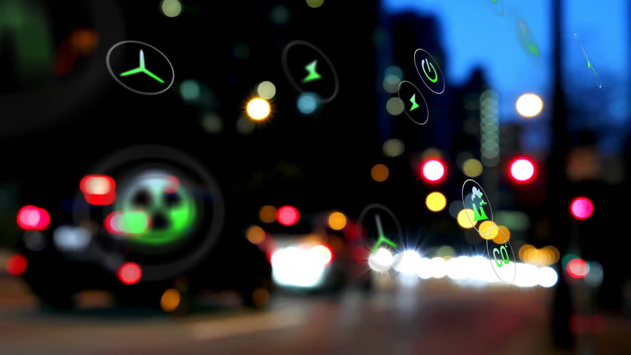 animación de los iconos ecológicos de procesamiento de datos sobre la ciudad