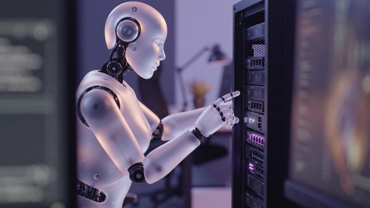 A humanoid robot interacting with a server rack in a modern workspace, showcasing the integration of technology and artificial intelligence in everyday environments.