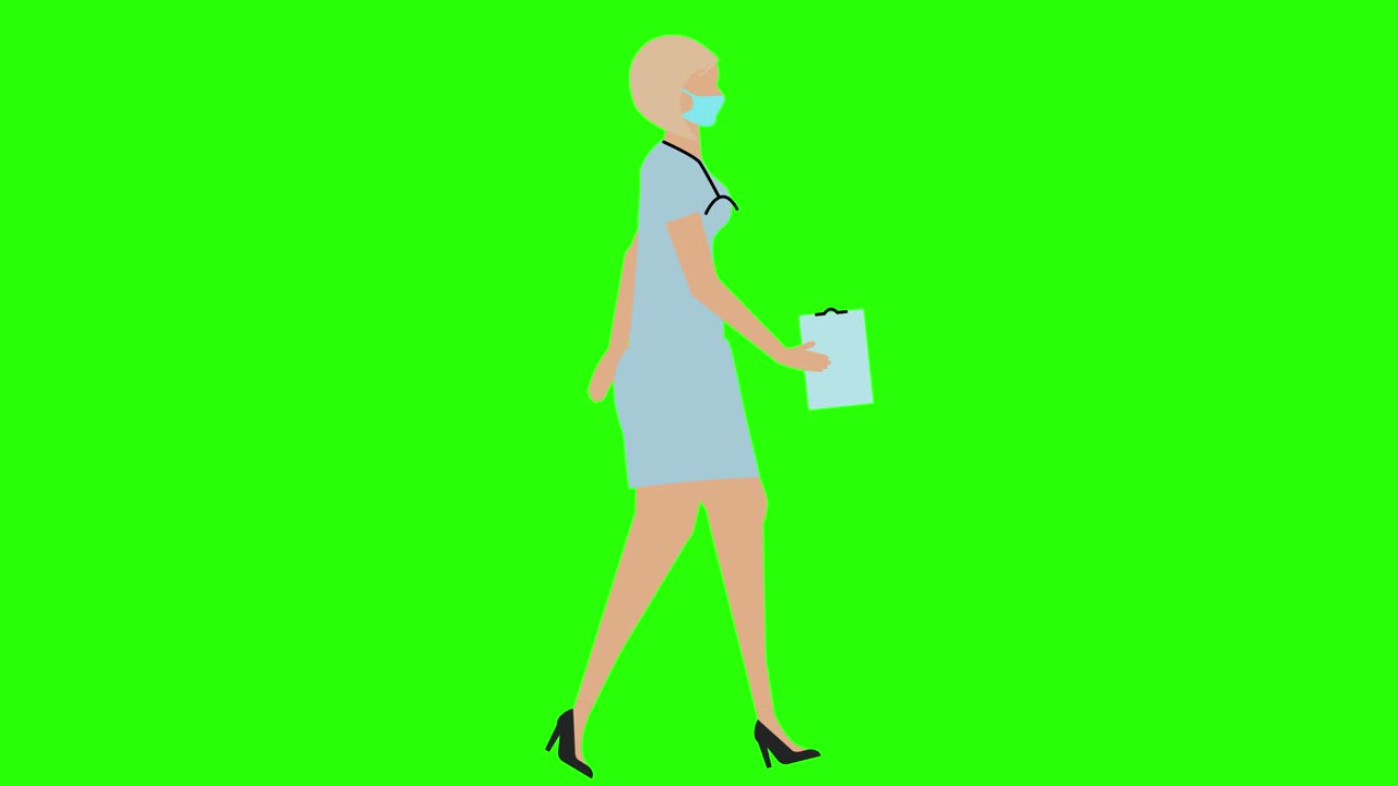 여성 의사 기 사이클 시엄리스 루프, 얼굴 마스크 버전, 그린 스크린 크로마 키 애니메이션, 평평한 디자인
