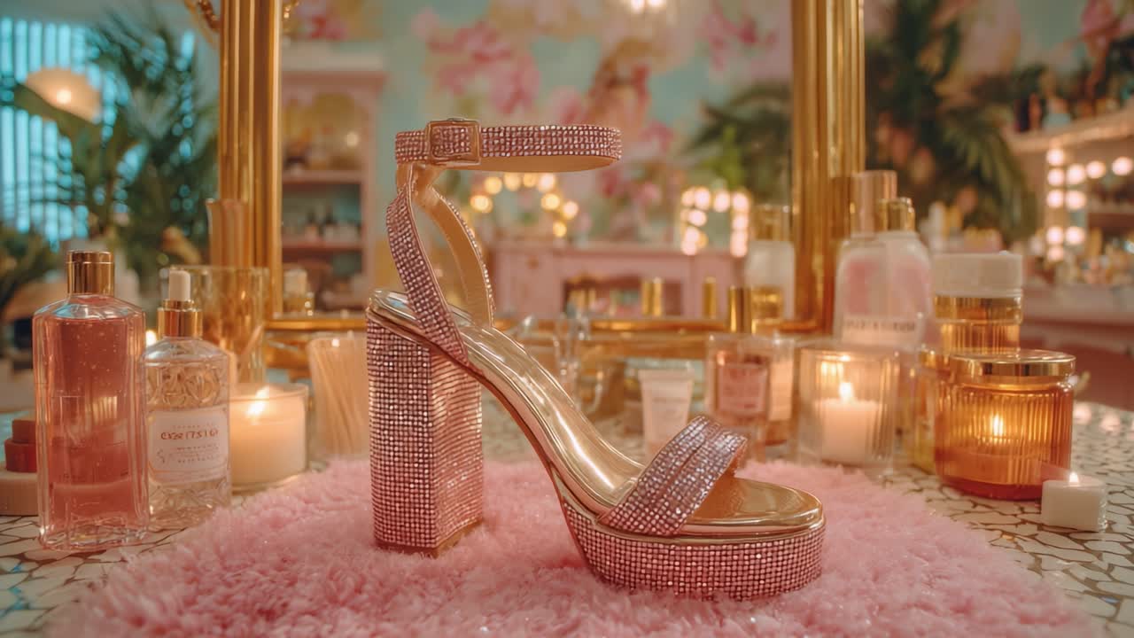 A Glamorous Display of Sparkling High Heels Surrounded by Luxurious Beauty Products and Elegant Decor in a Stylish Setting