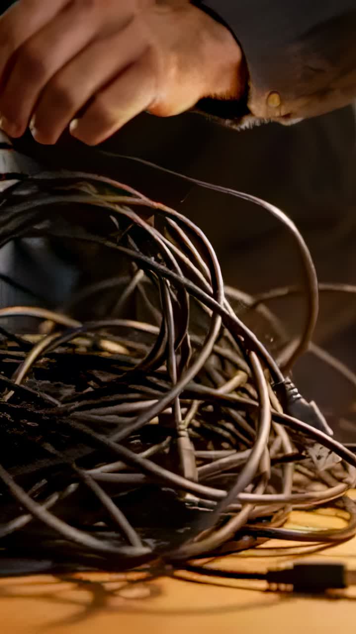 Vertical video: Entering hand with denim cuff gripping and sorting USB and aux cables on wood table