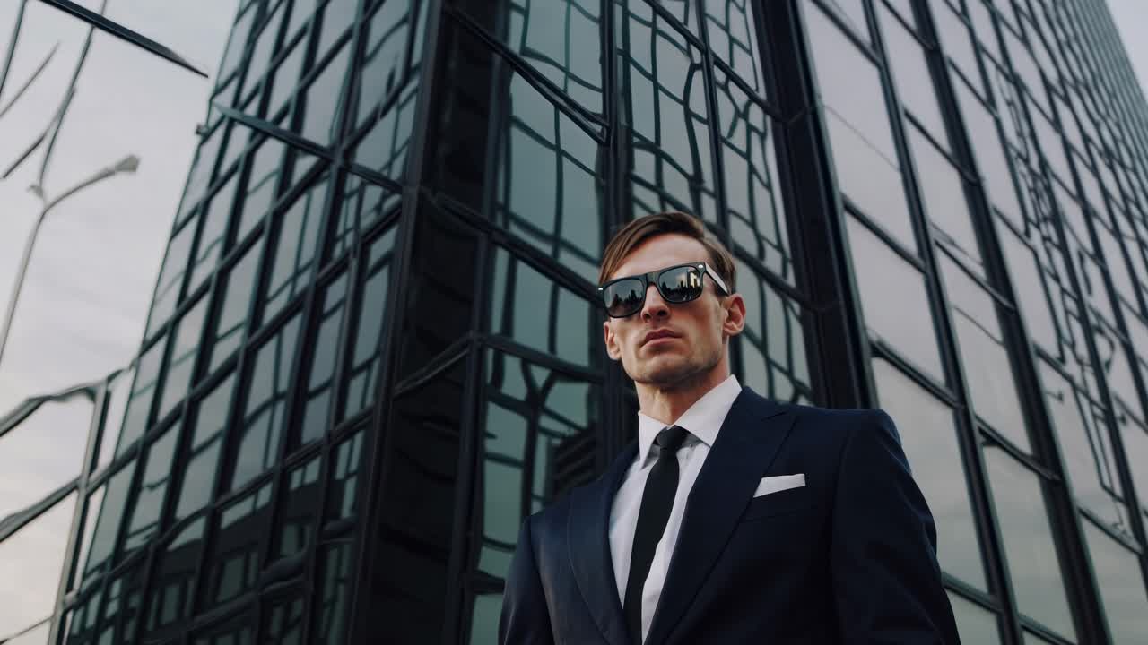 Portrait of a confident businessman wearing sunglasses and suit standing near modern office building with glass facade reflecting cloudy sky, embodying corporate success and urban power