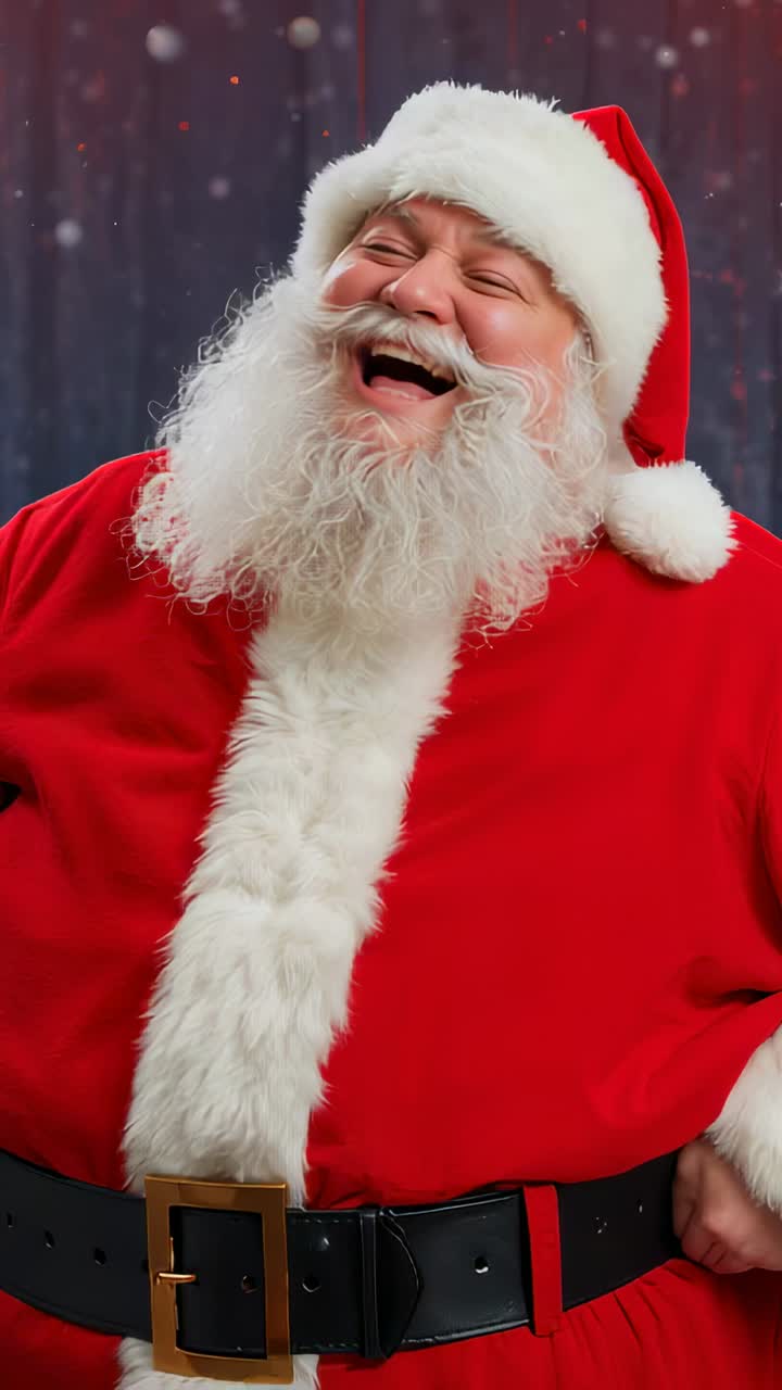 Vídeo vertical: homem rindo vestido de Papai Noel, inclinado para trás no estúdio, com a mão no cinto e usando um casaco vermelho