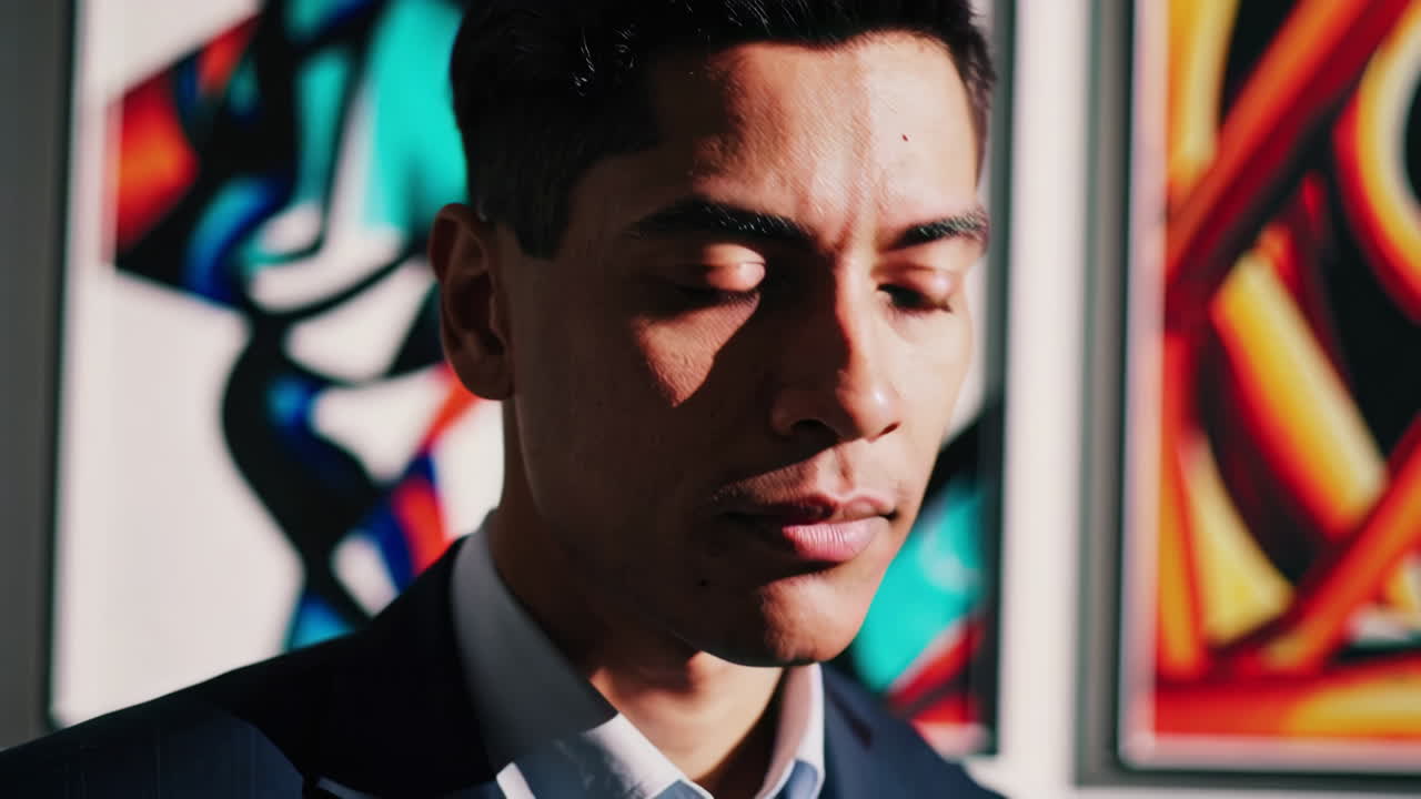 Man in front of modern art