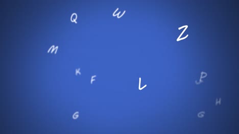 digital animation of multiple white english alphabets floating against blue background