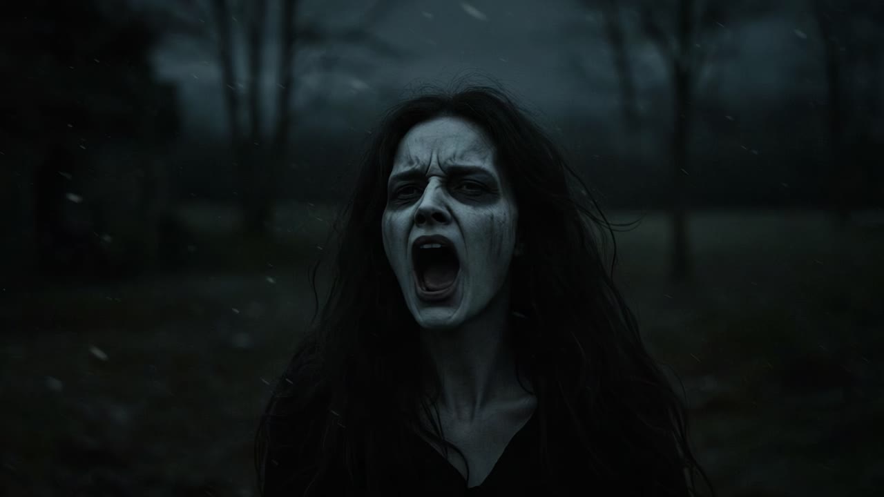 A Haunting Figure in the Shadows: A Mysterious Woman with a Distorted Face Under a Dark Sky, Evoking Fear and Intrigue with an Echoing Scream