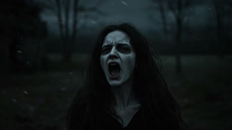 a haunting figure in the shadows: a mysterious woman with a distorted face under a dark sky, evoking fear and intrigue with an echoing scream