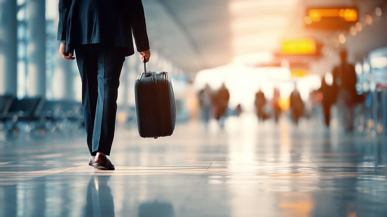 A Business Traveler Walks Through a Modern Airport Terminal, Carrying a Suitcase, as Fellow Passengers Move in the Background in a Bustling Environment